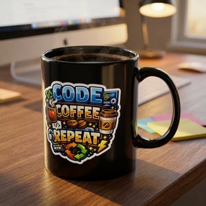 コードコーヒーリピートマグカップ | プログラマー、コーダー、タイポグラフィギフト