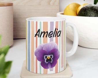Personalized February Birth Flower Mug, Custom Name Coffee Cup, Floral Gift for Her