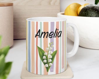 Personalized May Birth Flower Mug, Custom Name Coffee Cup, Floral Gift for Her