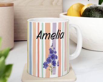 Personalized July Birth Flower Mug, Custom Name Coffee Cup, Floral Gift for Her