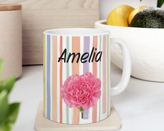 Personalized January Birth Flower Mug, Custom Name Coffee Cup, Floral Gift for Her