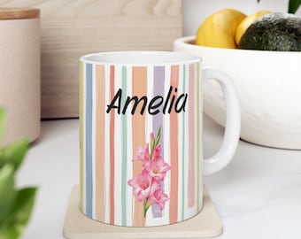 Personalized August Birth Flower Mug, Custom Name Coffee Cup, Floral Gift for Her