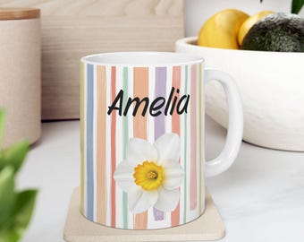 Personalized December Birth Flower Mug, Custom Name Coffee Cup, Floral Gift for Her