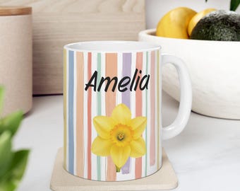 Personalized March Birth Flower Mug, Custom Name Coffee Cup, Floral Gift for Her