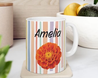 Personalized October Birth Flower Mug, Custom Name Coffee Cup, Floral Gift for Her