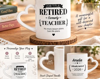 Personalized Retirement Mug with Heart Handle, Custom Name & Year, Elegant Retirement Gift