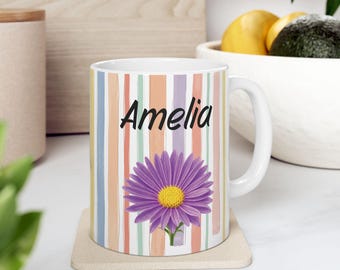 Personalized September Birth Flower Mug, Custom Name Coffee Cup (Ceramic)