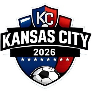 May include: A shield-shaped emblem featuring a blue and red background with the letters KC at the top. A black horizontal banner across the center displays the text KANSAS CITY in white. Below, the year 2026 sits above a row of white stars and a soccer ball.