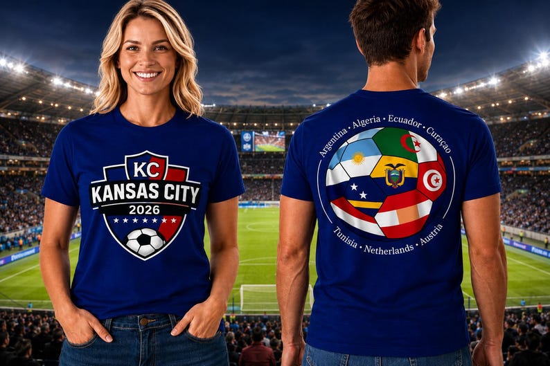 May include: A royal blue short-sleeve t-shirt. The front features a shield graphic with the text KC KANSAS CITY 2026 and a soccer ball. The back displays a circular graphic of a soccer ball composed of various national flags and country names.