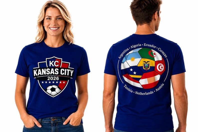 Kansas City 2026 World Football T-Shirt (Women and Men): 6-Nation Flags Design, Breathable Polyester image 1
