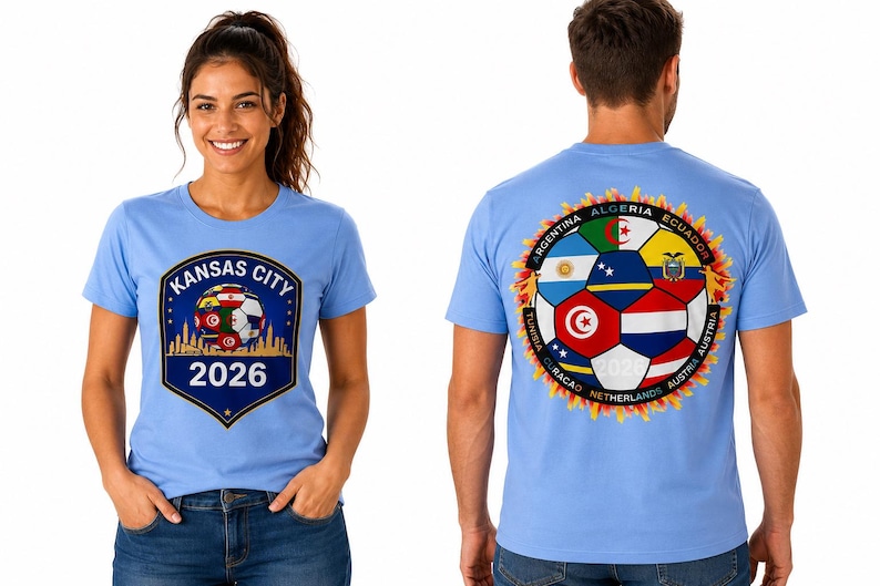 Kansas City 2026 World Football T-shirt (Women & Men) 6-Nation Flags Design, Breathable Polyester image 1