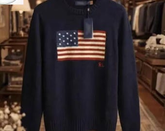 Maglione vintage Polo Ralph Lauren con bandiera USA, pullover con bandiera americana RL, maglieria