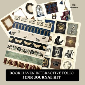 Op de afbeelding: Een verzameling printbare papierelementen voor een junk journal kit, met meer dan 140 items waaronder decoratieve randen met motten, bloemen en sterrenbeelden, plus vierkante postzegels met een microscoop, wereldbol en zandloper.