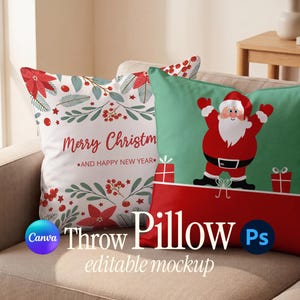 May include: Two square throw pillows featuring Christmas designs. One pillow is white with red poinsettias, berries, and the text Merry Christmas AND HAPPY NEW YEAR. The other pillow is green and red with a Santa Claus graphic and gift boxes.