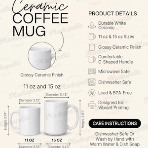 Puede incluir: Una taza de café de cerámica blanca con acabado brillante y asa en forma de C. La taza de 11 oz mide 9,5 cm de alto y 8 cm de diámetro, y la de 15 oz mide 11,7 cm de alto y 8,7 cm de diámetro. Apta para microondas y lavavajillas.