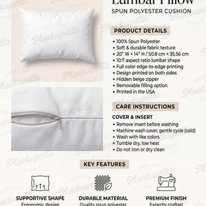 May include: A white rectangular lumbar pillow made of 100% spun polyester. The cushion measures 20 inches wide by 14 inches high and features a hidden beige zipper, full color edge-to-edge printing on both sides, and a removable filling option.
