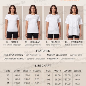 May include: A Gildan 64000 Softstyle T-shirt fit and size guide chart. It displays four white t-shirts in sizes S, M, L, and XL, labeled as fitted, regular, relaxed, and oversized. Includes a features list and a size chart with measurements in inches.