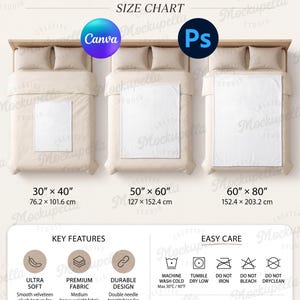 May include: A velveteen plush blanket size chart displaying three white blankets on beds in sizes 30 by 40 inches, 50 by 60 inches, and 60 by 80 inches. Key features include ultra soft texture, premium fabric, and durable double needle topstitching.