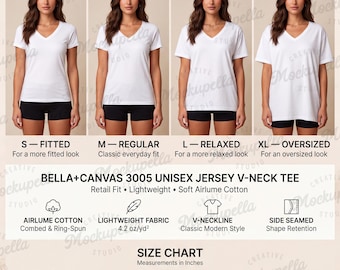 Bella Canvas 3005 Size Chart | V-Neck T-Shirt Sizing Guide | Bella Canvas 3005 Fit Guide | Bella Canvas 3005 Mockup Printify Template