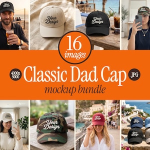 May include: A digital mockup bundle featuring 16 images of classic dad caps in various colors and patterns, including black, beige, and camouflage, all displaying the text Your Design in a cursive font, presented as a promotional graphic.
