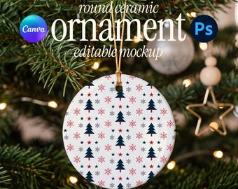 Canva + PSD Christmas Ornament Mockup | Round Ceramic Ornament Mockup | Holiday Ornament Mockup