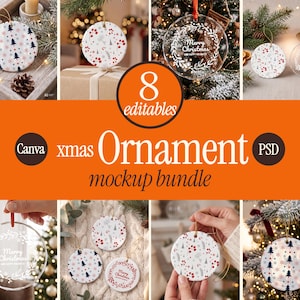 8x Christmas Ornament Mockups Bundle | Ceramic + Glass Ornament Mockup in PSD/Canva | Clear Ornament Mockup | Holiday Ornament Mockup