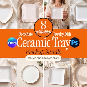 Puede incluir: Un paquete de ocho maquetas editables de bandejas de cerámica con varios platos blancos con bordes dorados, incluyendo formas de corazón, cuadradas y redondas. El texto incluye 8 editables, DecoPlate, Jewelry Dish, Ceramic Tray mockup bundle y Canva Ps.
