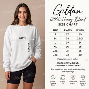 May include: A white Gildan 18000 Heavy Blend crewneck sweatshirt with a size chart displaying length and width measurements in inches for sizes S through 3XL. The chart includes icons for cotton/polyester blend, classic fit, fleece, and ribbed cuffs.