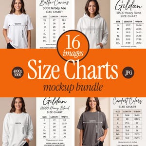 May include: A digital mockup bundle containing 16 size charts for apparel including Bella+Canvas 3001, Gildan 18500, Gildan 18000, and Comfort Colors 1717. Each chart displays measurements in inches for length and width alongside garment photos.