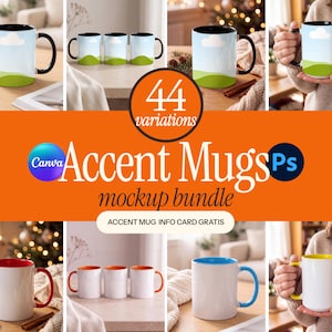 May include: A digital mockup bundle featuring 44 variations of accent mugs. The collection includes mugs with white exteriors and colored interiors and handles, such as black, red, orange, blue, and yellow, displaying landscape graphics.