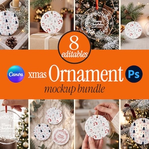 8x Christmas Ornament Mockups Bundle | Ceramic + Glass Ornament Mockup in PSD/Canva | Clear Ornament Mockup | Holiday Ornament Mockup