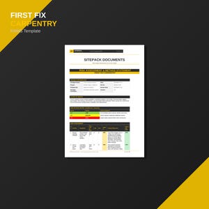 Puede incluir: Una plantilla de documento blanca titulada First Fix Carpentry RAMS Template. La página incluye secciones para información del proyecto, alcance de los trabajos, una matriz de evaluación de riesgos con niveles codificados por colores y una tabla de evaluación de riesgos con columnas para actividades, peligros y medidas de control.