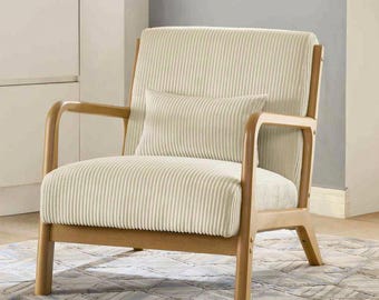 Reclining Lounge Chair, Corduroy Armchair, Solid Wood Accent Chair, Scandinavian Foyer Seating, Minimalist Bedroom Reading Chair
