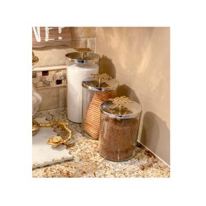 Handcrafted Glass Canisters with Botanical Gold Knobs, Set of 3, Hammered Metal Lids, Eco-Friendly Storage.