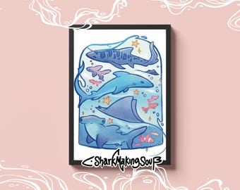 Whale and Shark Jar Illustration Rolled Poster | Ocean Creatures Digital Art Print