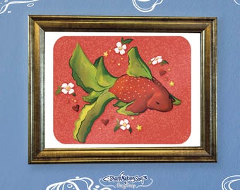 Impression d'illustration de poisson aux fraises | Oeuvre d'art fantaisiste de la mer et de l'océan (téléchargement numérique)