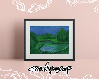 Estanque en acuarela / Arte mural de lago pintado a mano / Póster enrollado de bellas artes