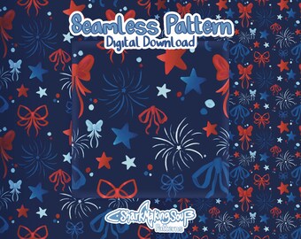 Modèle sans couture étoile ruban américain patriotique, modèle 4 juillet illustré à la main (téléchargement numérique)