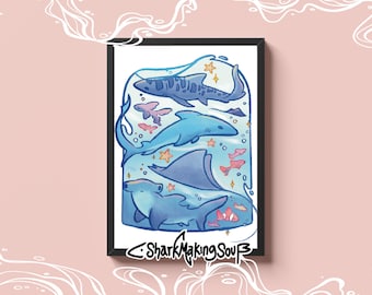 Póster enrollado con ilustración de ballena y tiburón en un tarro / Lámina de arte digital de criaturas marinas