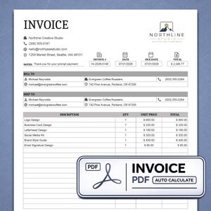 May include: A white invoice template document from Northline Creative Studio featuring a logo with mountain graphics, contact details, billing and shipping sections for Evergreen Coffee Roasters, and a table listing design services with prices.