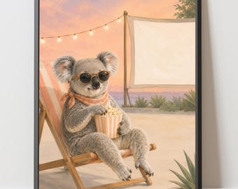 Póster de la película Koala Beach, lámina artística de verano con gafas de sol y palomitas de maíz.