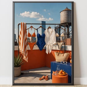 May include: A clothing rack displays an orange bikini, a blue one-piece swimsuit, a white button-down shirt, and a cream bikini. An orange and white striped towel hangs on the side. Below, a straw tote bag, white sunglasses, and sandals are visible.