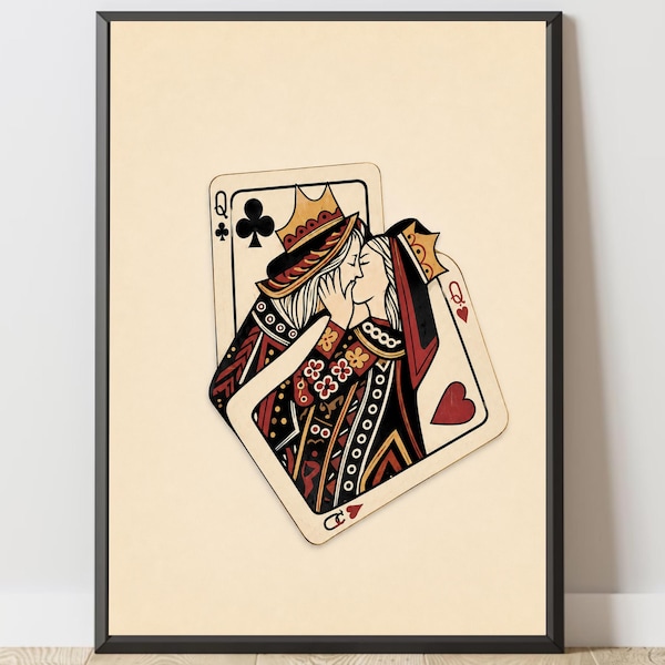 Queen Playing Card Wall Art, Sapphic Romantic Print, Vintage Maximalist Queer Decor