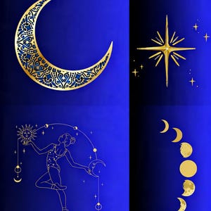 Könnte beinhalten: Eine vierteilige digitale Illustration auf blauem Hintergrund mit einem goldenen filigranen Halbmond, einem hellen goldenen Stern, einer goldenen Strichzeichnung einer tanzenden Figur mit Himmelskörpern und einer vertikalen Abfolge goldener Mondphasen.