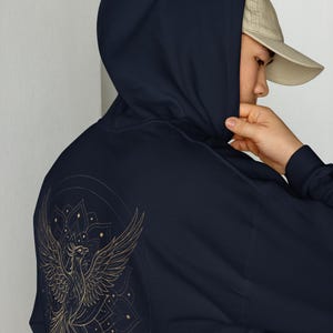 Golden Phoenix Hoodie, Back Print Mandala Sweatshirt, Spiritual Sacred Geometry Pullover, Mystic Rebirth Oversized Jumper