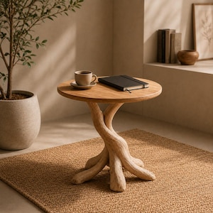 Op de afbeelding: Een ronde houten bijzettafel met een lichtbruine afwerking, voorzien van een onderstel bestaande uit drie in elkaar verstrengelde, takachtige poten. Een beige keramische kop op een bijpassende schotel en een gesloten zwart notitieboek liggen op het blad.