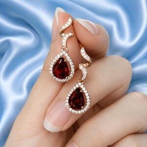 Rose Gold Plated Sterling Silver Swirl Tear-Drop Drop Earrings, Simulated Red Garnet, 14K Rose Gold Plated