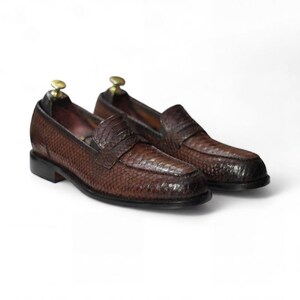 Handmade Brown Python Leather Penny Loafers, Men's Exotic Skin Dress Shoes, Goodyear Welted, Custom Slip-On Luxury Moccasins