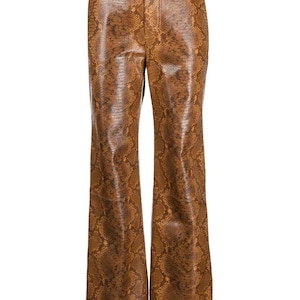 Pantalones de piel sintética con estampado de serpiente marrón – Pantalones acampanados de talle alto, estilo bohemio rockero