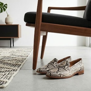 Men's Python Print Leather Penny Loafers - Exotic Pattern Slip On Dress Shoes - Handmade Genuine Calfskin Luxury Moccasins, Blake Stitched